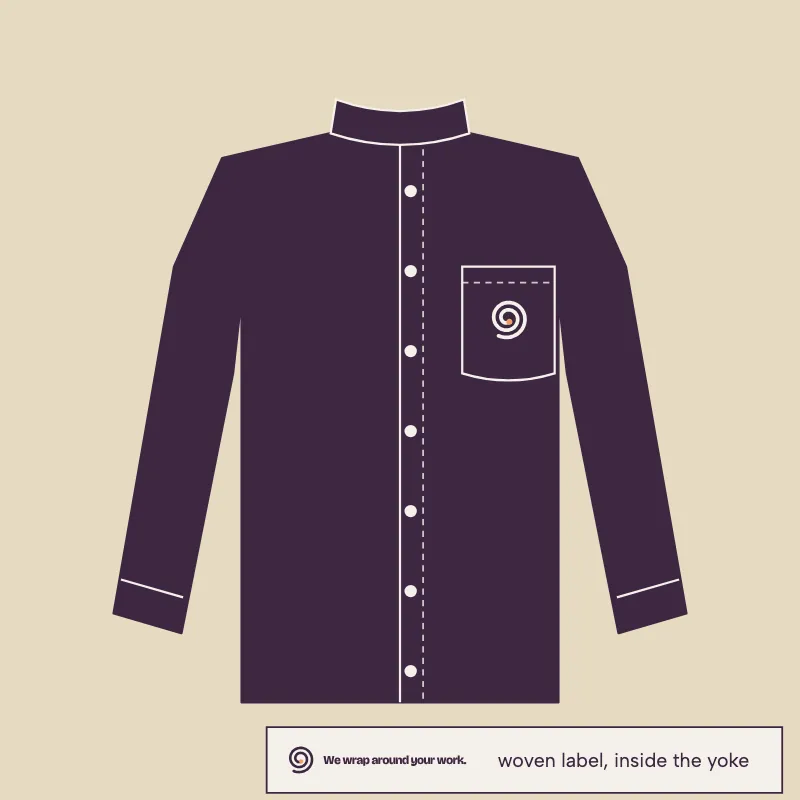 Flat sketch of a plum mandarin collar work shirt with the coil on the chest pocket