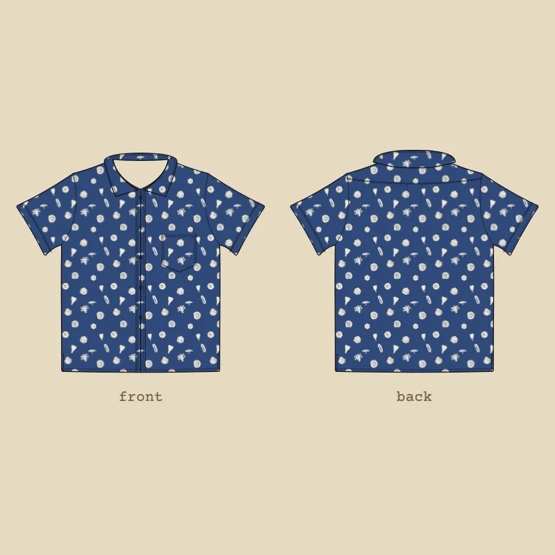 Flat sketch of a boxy camp-collar shirt covered in the coral repeat