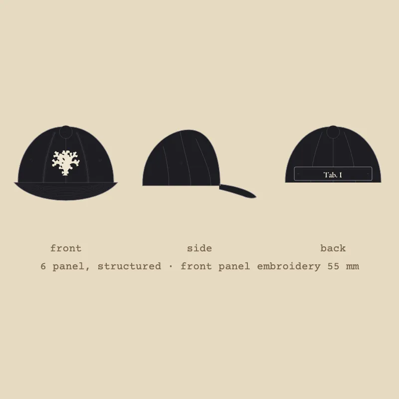 Flat sketch of a black cap with one coral from Tab. I embroidered in cream, and Tab. I on the back strap