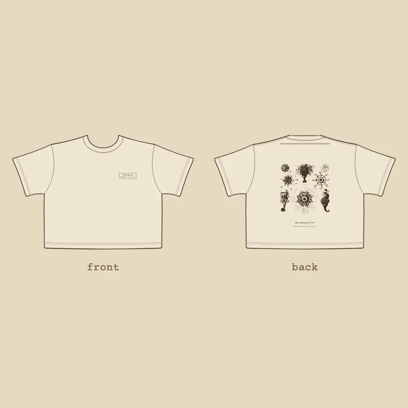 Flat sketch of a boxy cropped tee in natural white with the siphonophore plate in sepia on the back