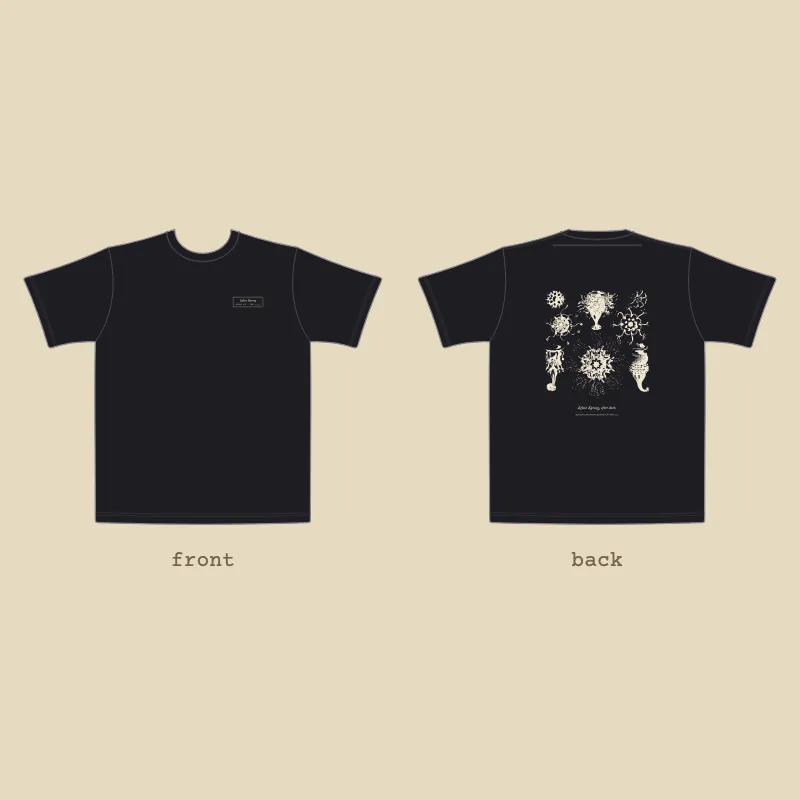 Flat sketch of a washed black tee: a small numbered mark on the front, Haeckel's siphonophores in cream on the back