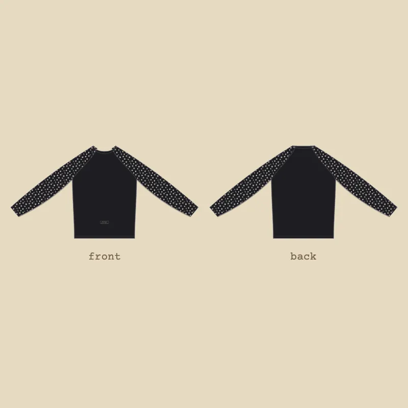 Flat sketch of a black long-sleeved rashguard with the coral repeat on both sleeves
