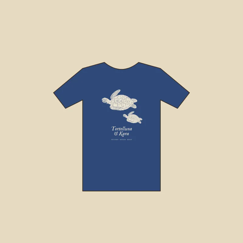 Flat sketch of a small kids tee with the two turtles and their names set large