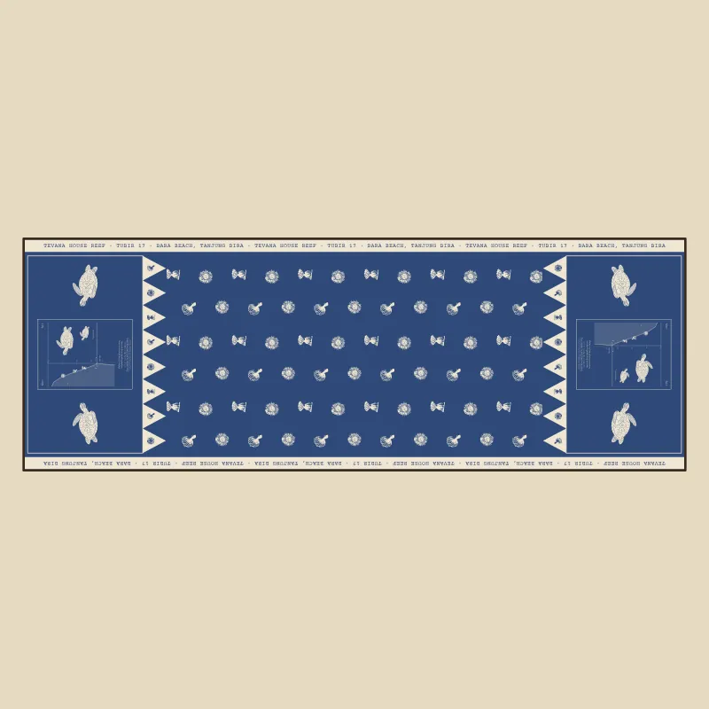 A selendang laid flat, the plate at both ends and anemones through the middle