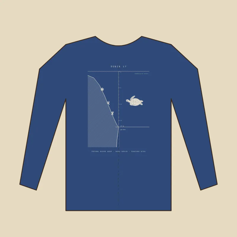 Flat sketch of a freedive sun shirt with a depth ruler from the surface to 17 metres down the spine