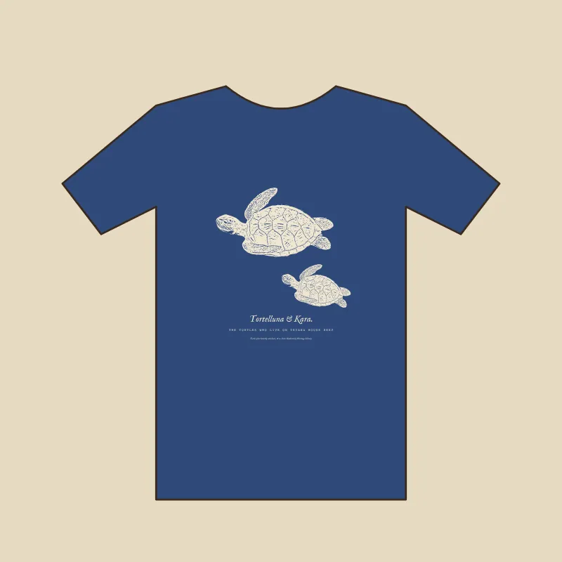 Flat sketch of a tee with two woodcut turtles captioned Tortelluna and Kara
