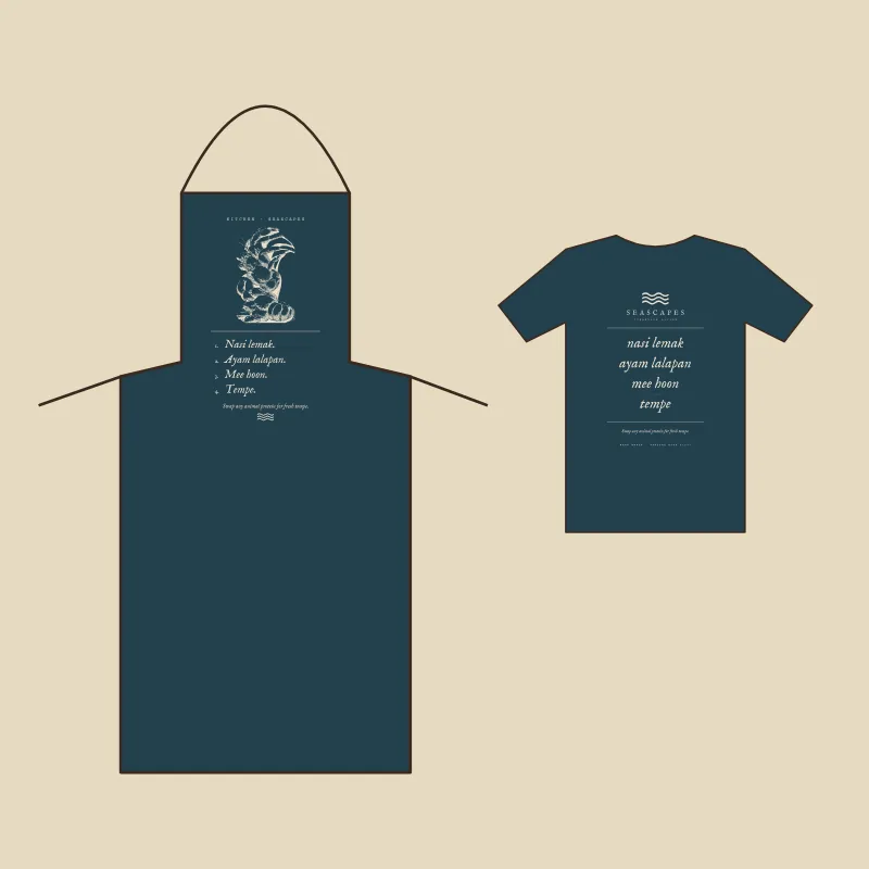 Flat sketch of a kitchen apron and a staff tee, each with Rumphius's crab over the names of dishes
