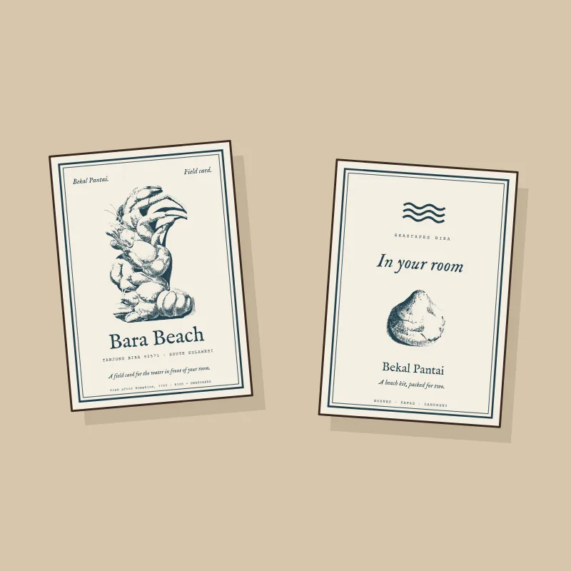 The Bara Beach field card with Rumphius's crab, and the In your room card