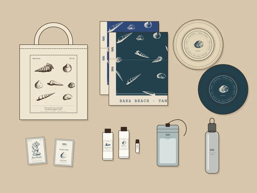 The Bekal Pantai kit laid out flat for two: a tote printed with Rumphius's shells, two folded pareos, two bucket hats, a dry pouch, a refill bottle, sunscreen, after-sun, lip balm and two cards