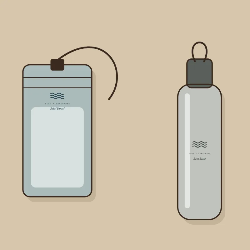 A clear phone dry pouch and a refill bottle, each with the three waves