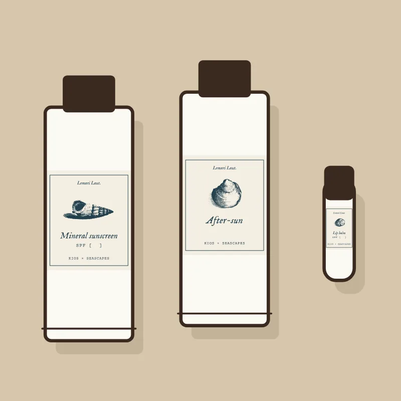 Sunscreen, after-sun and lip balm in paper sleeves printed with shells
