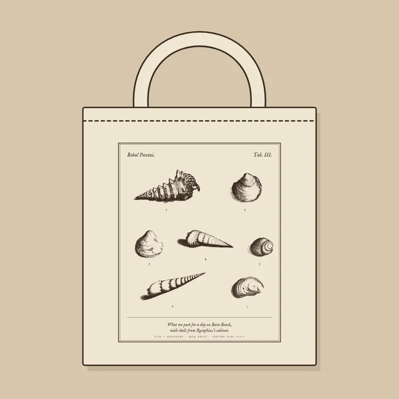 A canvas tote printed with a plate of seven numbered shells