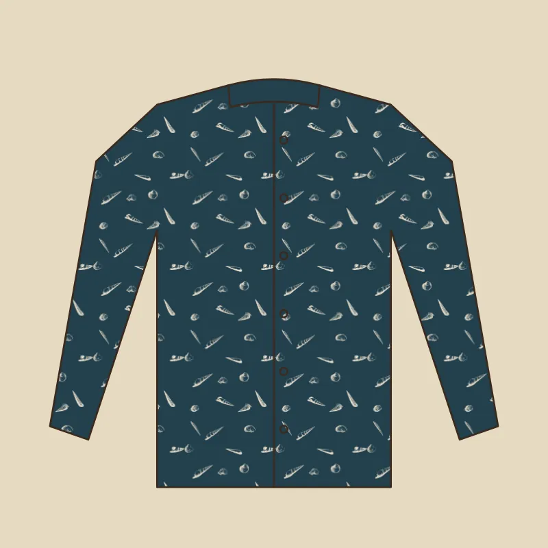 Flat sketch of a mandarin collar shirt covered in Rumphius's shells