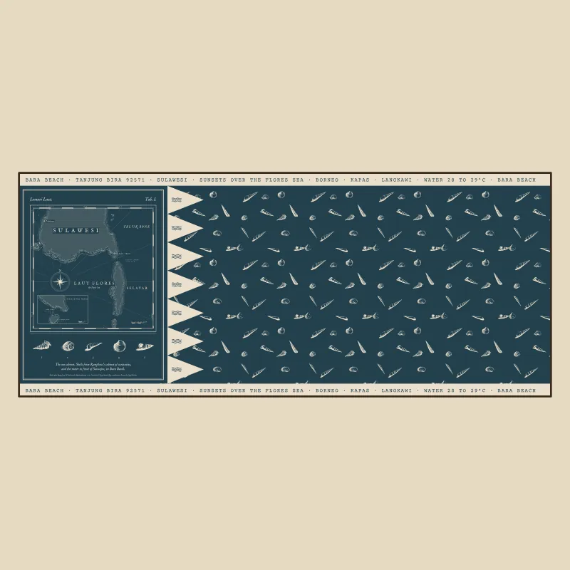 A kain panjang laid flat, with the sea chart as kepala and shells as badan