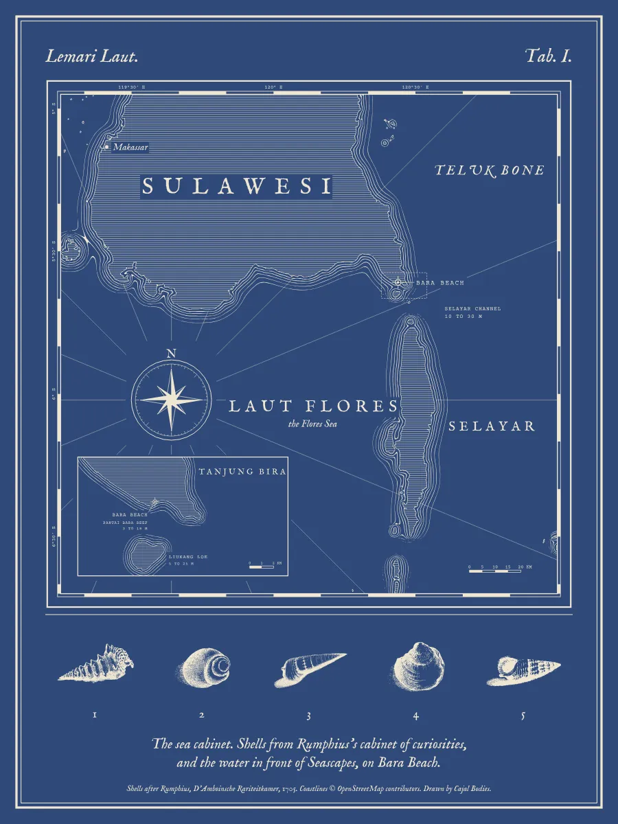 Tab. I of Lemari Laut: an old style sea chart of the Flores Sea from Makassar to Selayar with five shells