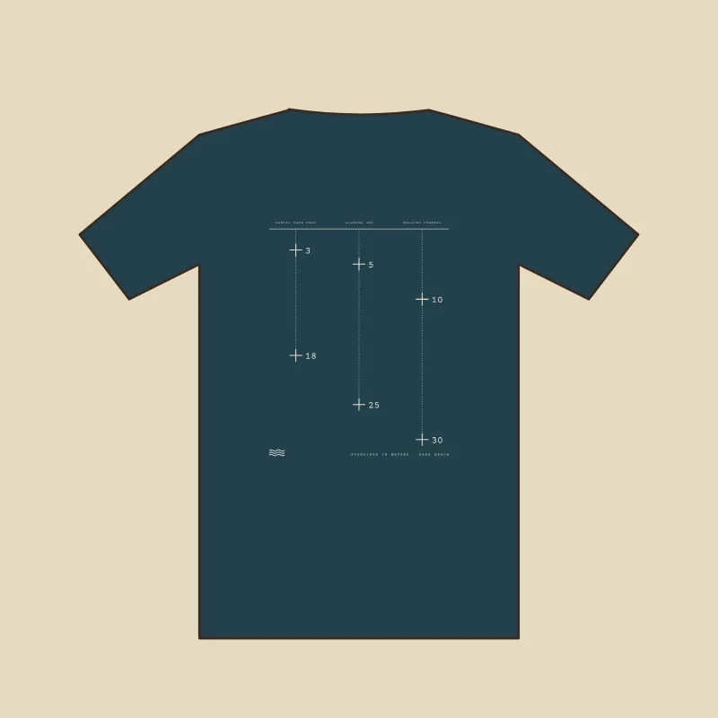 Flat sketch of a tee with a sounding line marking three dive sites at their depths
