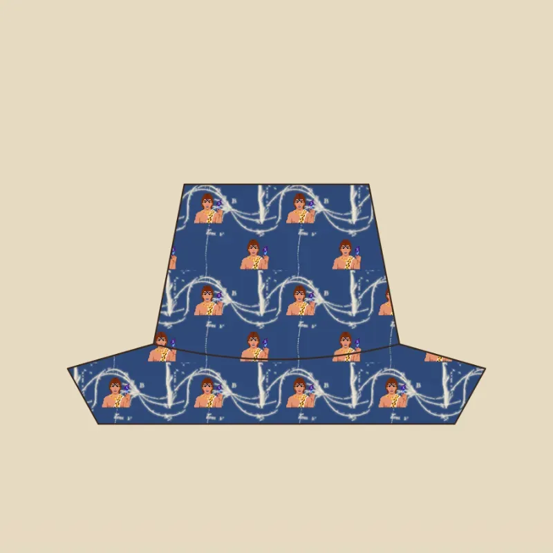 Flat sketch of a reversible bucket hat in the specimen repeat