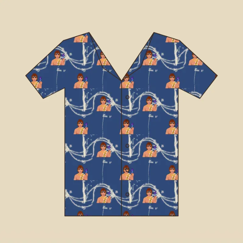 Flat sketch of a camp-collar shirt in a repeat of small specimens among plants