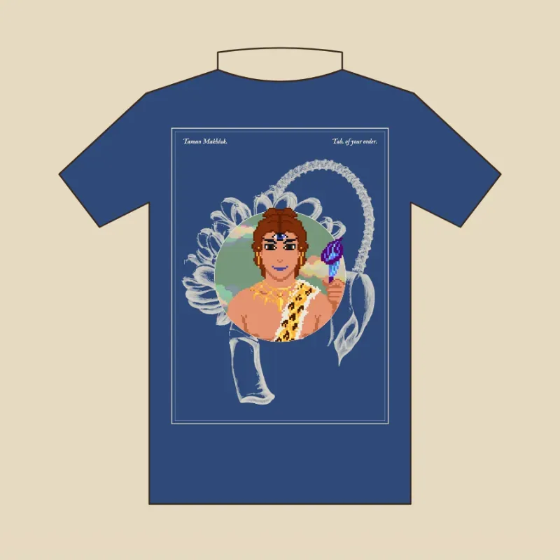 Flat sketch of a mandarin collar shirt with the specimen plate printed large across the back