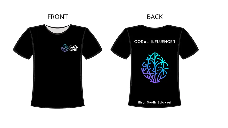 Black tee, front with the GaiaOne emblem on the chest, back reading Coral Influencer above the coral emblem and Bira, South Sulawesi