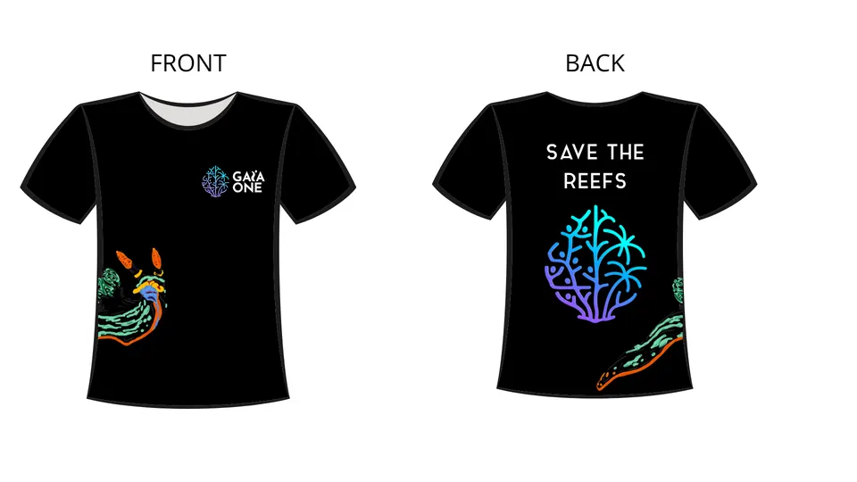Black tee with a colourful sea creature drawn at the hem and Save The Reefs on the back
