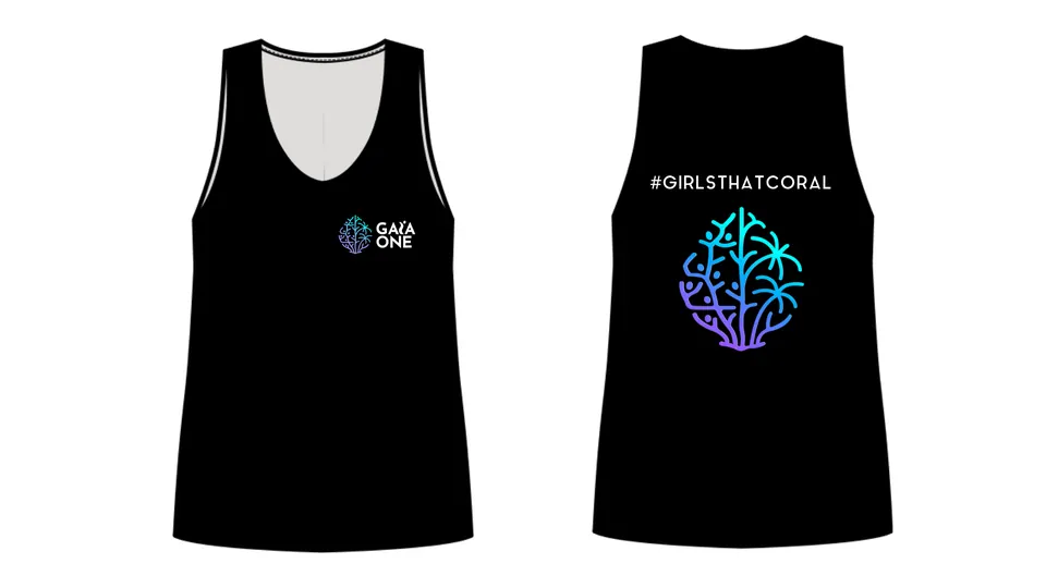 Black tank top with the coral emblem and #GirlsThatCoral on the back